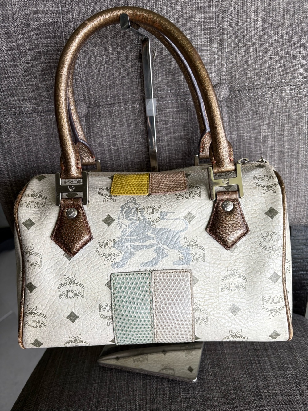 MCM White Princess Lion Satchel with Metallic Brown Handles and Pastel Panels